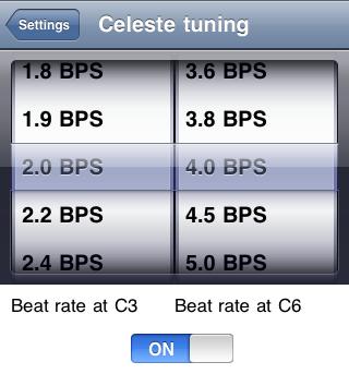 The set up Organ Tuner for a celeste rank go to Celeste Tunings in Settings and then make sure the switch for enabling Celeste Tuning is turned on.