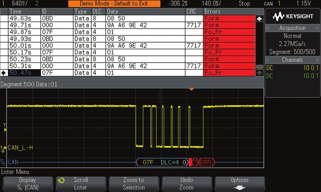 07 Keysight Segmented Memory Acquisition for InfiniiVision Series Oscilloscopes - Data Sheet Mixed-Signal and Serial Bus Applications (Continued) While scrolling through the various segments/frames,