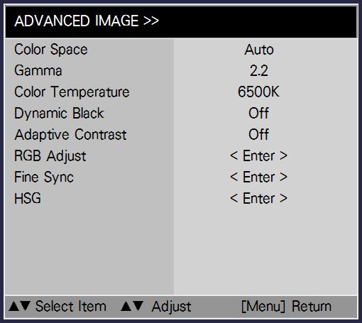 Start Using the Projector OSD Menu - ADVANCED IMAGE Color Space This function allows you to change the corresponding color space for the input signal.