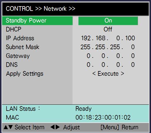 Control the projector through a network Set Up the Projector for Networking In case the remote network control is not connected to LAN or DHCP or the LAN is not activated, connect as illustrated