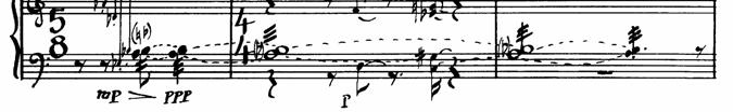 Again, two intervals of perfect fifths are only separated from each other by a minor second. In the fourth movement, Gently Swelling, this interval gesture is presented at the climax in measures 27.