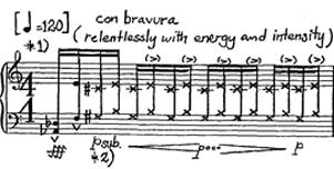 The introduction opens with a series of aggressive articulations over a repeating harmonic motive (Example 15), with the composer s marking, relentlessly with energy and intensity.