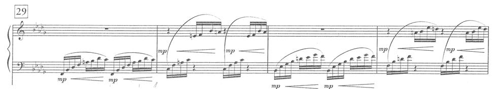 Figure 1.7 Mvt. II, mm. 29-32: Nexus Motive Figure 1.8 shows the original motive and subsequent manipulation through intervallic compression during the marimba cadenza in the third movement. Figure 1.8 Mvt.