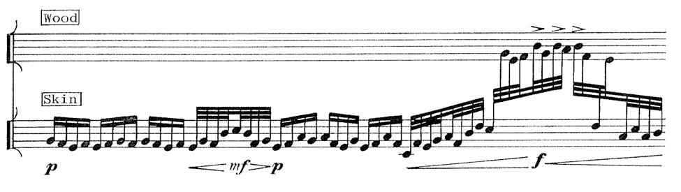 instruments creates interesting melodic contour. Figure 2.4 shows an example of wave-form rising and falling and the use of stepwise motion combined with ascending and descending leaps. Figure 2.4 Relative Pitch Creates Melodic Contour The chromatic tone clusters created in the vibraphone section of the work seen in figure 2.