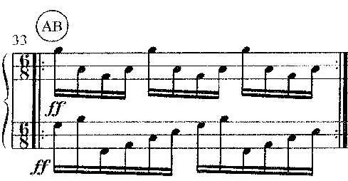 Figure 4.5 m. 33: Polyrhythm Yet despite this, the listener will perceive a polyrhythm in the combined sounds of both sets of cowbells.