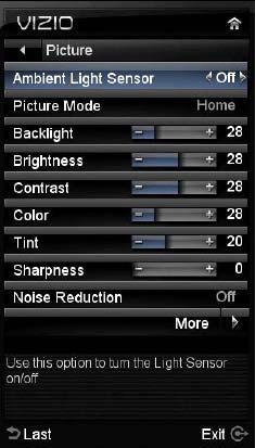 The following options are available in the Picture menu: 1. Ambient Light Sensor This feature allows to adjust the backlight level accordingly to the amount surrounding ambient lightening.