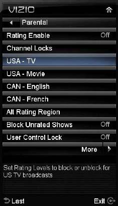 Select the desired rating and press MENU/OK to block (lock) or unblock (unlock).