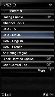 4. USA - Movie This option allows blocking of selected TV or Cable channels based on ratings established for US broadcasts.