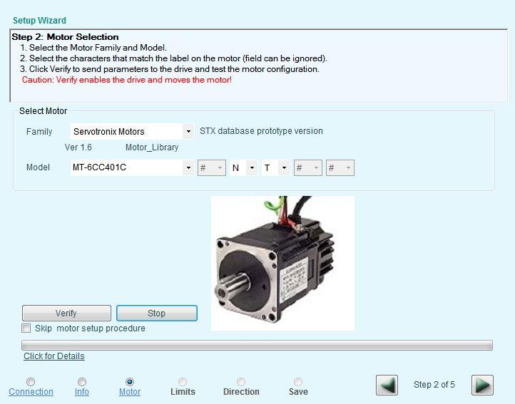 CDHD Motor Setup Setup Wizard 4. Click the Verify button to send the parameters to the drive and test the motor configuration. At the warning, press OK. 5. Wait for the Motor Setup Succeeded message.