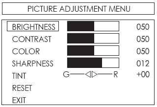 Picture Adjustment Menu: Use channel up or down to select your desired adjustment parameter. Brightness: Use volume +/- to increase or decrease brightness level.
