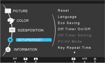 SETUP&RESET Menu Description Use this function to restore the visual quality and color settings to the factory defaults. <Yes> - <No> Reset Select a language for the OSD.