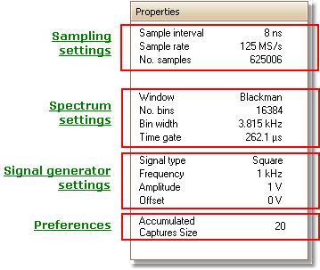 PicoScope and oscilloscope primer 5.16 21 Properties sheet The Properties sheet is a summary of the settings that PicoScope 6 is using.