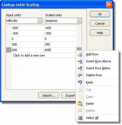 42 6.5.2.4.1 PicoScope 6 User's Guide Lookup-table Scaling dialog This dialog allows you to enter a look-up table to calibrate a custom probe.