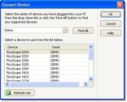 54 6.7 PicoScope 6 User's Guide Connect Device dialog Select the File menu 24 and then the Connect Device command.