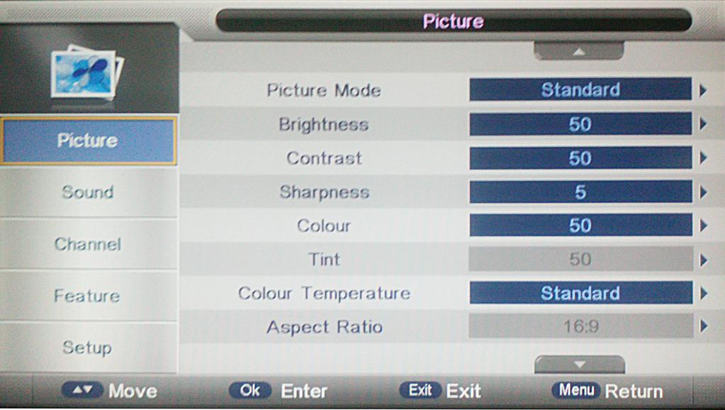 TV Operation and System Setup Press the MENU button to display the setup menu. It includes different categories, such as Picture, Sound, Channel, Feature and Setup.