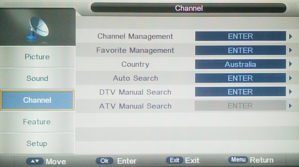 TV Operation and System Setup Channel CHANNEL includes Channel Management, Favorite Management, Country, Auto Search, DTV Manual Search and ATV Manual Search.