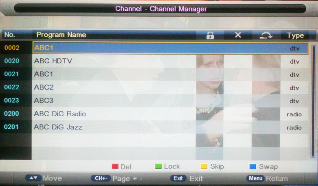 Channel Management The option Channel Management includes Delete, Lock, Skip and Swap. Delete a program: 1. With the buttons you can choose a channel, which shall be deleted. 2.