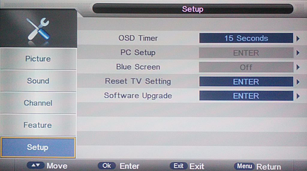 TV Operation and System Setup Setup The Setup category includes the options for OSD Timer, PC Setup, Blue Screen, Reset TV Setting and Software Upgrade.