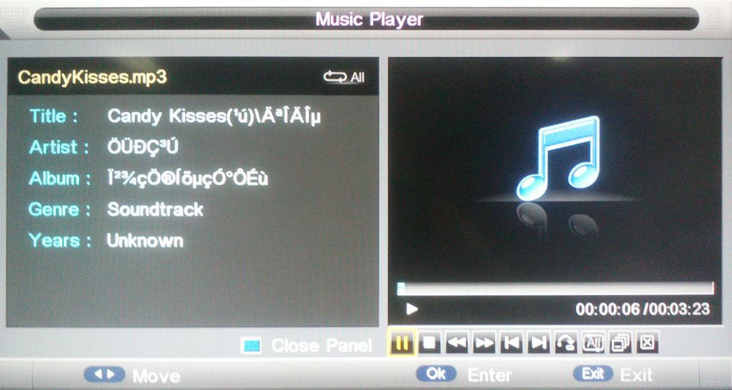 playlist or delete all of them from the playlist. Press CH buttons for page up or page down. Press OK button to enter your selected items. Press Exit button to exit the Music player.