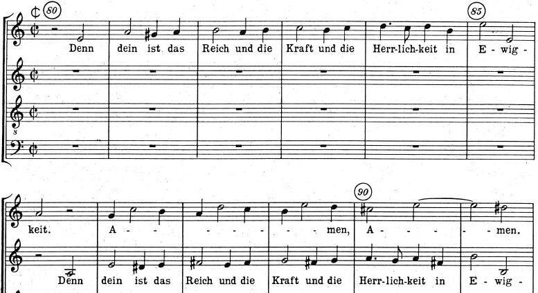 6 Both of the recordings take this final section at a lively tempo. A six measure phase begins in the soprano. Example 4 Gottfried August Homililus, Unser Vater in dem Himmel, mm.