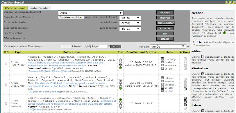 Serval Management : general presentation Help notice in french Place where the document is visible Links with co-authors and groups 4 buttons