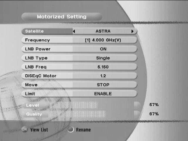 6.1 Getting Started 6.1 Getting Started 2) Antenna Setup Press the MENU button to display the main menu. Use / and / to move in the menu. Press on Dish Setting. The following window will appear.
