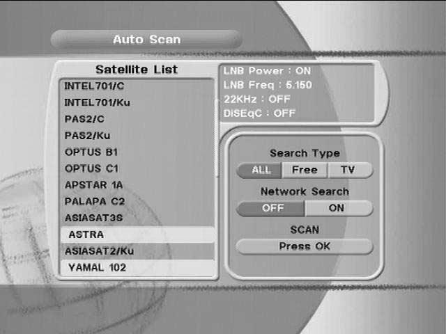 Manual Scan <Figure 6-6> Select a transponder. To change a transponder s information (Frequency, Symbol Rate), use the NUMERIC buttons. To add a new transponder, press the GREEN button.
