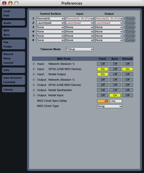 Make sure both Nodal and Live are open. 2. Open the Preferences window in Live. 3. In the MIDI Ports section, for the Live output port labelled Nodal Input click the Sync box, as shown below.