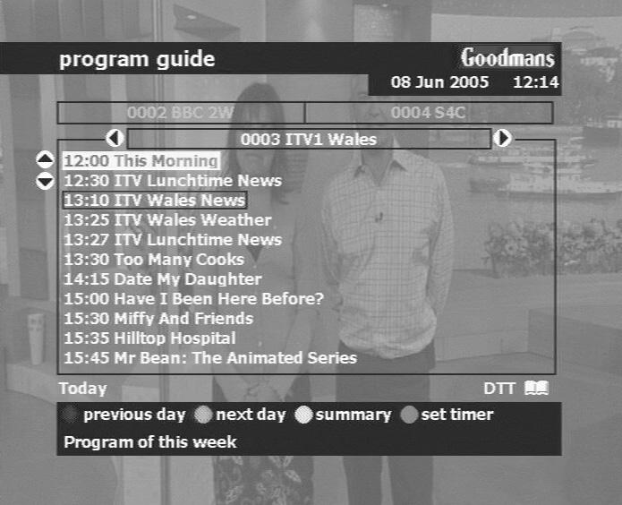 Use Programme guide To display the programme guide, press the GUIDE key. This shows the programme guide data provided by the broadcasters.