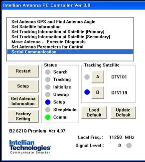 50 i6pe Satellite Antenna System Install and User Manual Main Menu Using Default Dual-sat Mode Controller Menu Antenna status monitoring Select & Monitor target satellite Satellite pair DTV101 SAT A