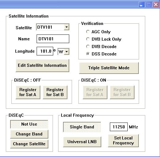 Operation Using PC Contoller Program 51 Set Satellite Information Satellite name and longitude Satellite Verification method Select Triple Satellite Register satellite for tracking DiSEqC using