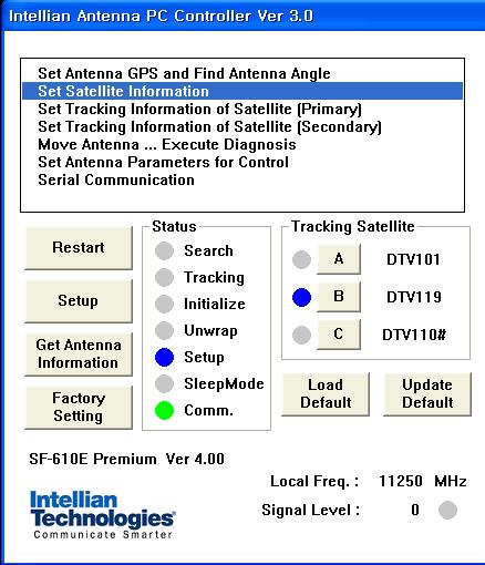 Operation Using PC Contoller Program 53 Main Menu- Using Advanced Tri-sat Mode Controller Menu Antenna status monitoring Select & Monitor target satellite Satellite pair DTV101 SAT A without DiSEq