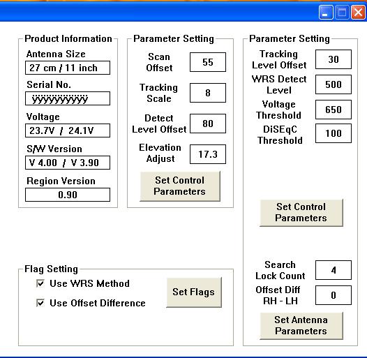 Operation Using PC Contoller Program 61 Set Antenna Parameters for Control Product Information Parameter Setting Parameter Setting Parameter Setting Flag Setting Command Buttons Set Control Parameter