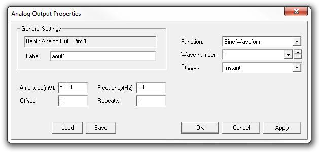 Analog Output: Sine Waveform An analog output channel configured as a sine waveform generator will produce a user defined sine wave on a user defined trigger stimulus.