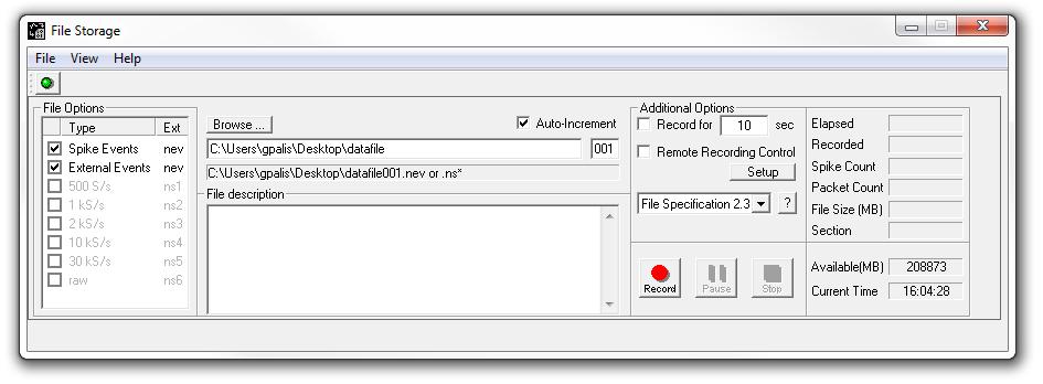 2.x Interface The 2.x interface allows the user to specify a file name and path for the next data set. Recording can be started and stopped from this window, or set to stop after a specified duration.