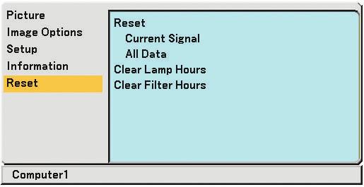 The items that can be reset are: [Preset], [Brightness], [Contrast], [Color], [Hue], [Sharpness], [Aspect Ratio], [Horizontal], [Vertical], [Clock], [Phase] and [Noise Reduction].