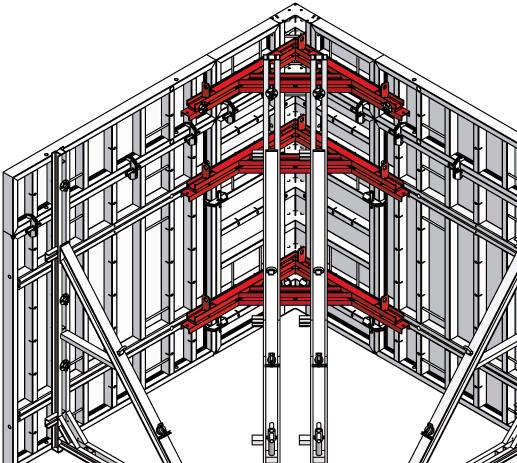When using the Imperial formwork system you should use a "corner" panel which is in vertical position and continue to use the large size gangs as usual (Fig. 16.2).