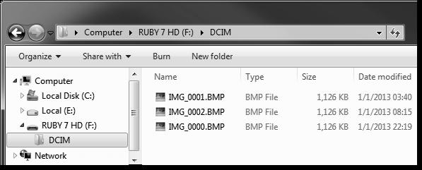 3. To transfer images, do one of the following: From RUBY 7 HD+ to a computer Open RUBY 7 HD s DCIM folder, and select and move one or more images to a