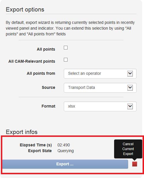 2248 2249 2250 2251 2252 2253 > Export state: Querying; > Elapsed Time and Export state appear in black; > Export button caption displays alternation dots to show that an operation is being