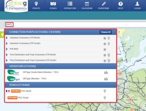 Through the Search bar the TP user can search for a point, balancing zone, operator, country or location