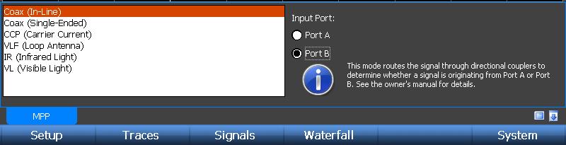 On the options panel of the MPP tab, select Port B as the input port. Observe any signals present on Port B.