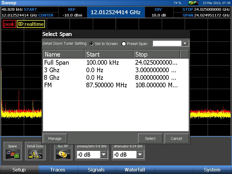 SET-UP & BASIC OPERATION Preset Spans The range of frequencies swept by the tuner, or tuner span, can be adjusted during operation by changing one or more of the spectral parameters (see page 32).