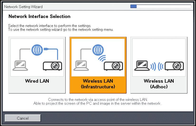 Connecting the Projector to a Network 1. Select [Wireless LAN (Infrastructure)] on Network Setting Wizard, and then press the [Enter] button.