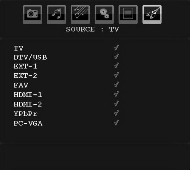 In source menu, highlight a source by pressing or button and switch to that mode by pressing button. Source options are; TV, DTV/USB, EXT-1, EXT-2, FAV, HDMI-1, HDMI-2, YPbPr or PC-VGA.