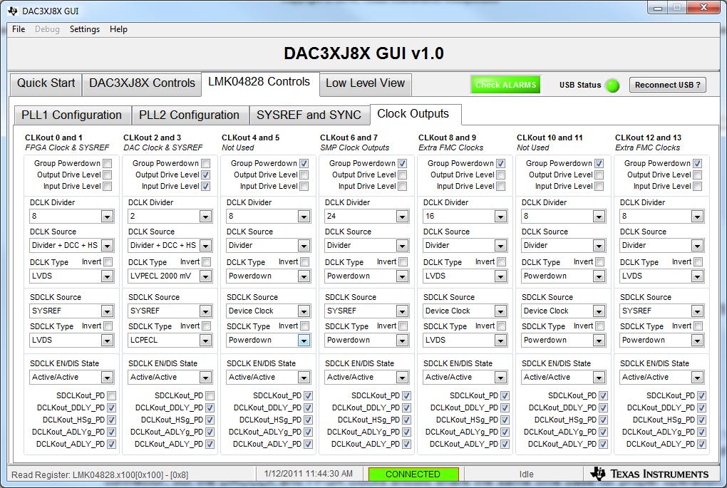 DAC3XJ8XEVM Software Setup Figure 8: LMK828 Controls Tab - Clock Outputs AN-79 2-9-5 The LMK828 clocks: CLKout supplies device clock to the FPGA.