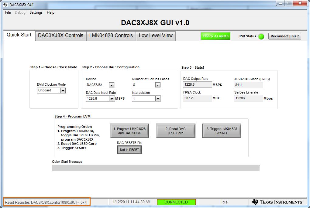 AN-79 2-9-5 Figure 3: Quick Start Tab DAC3XJ8XEVM Software