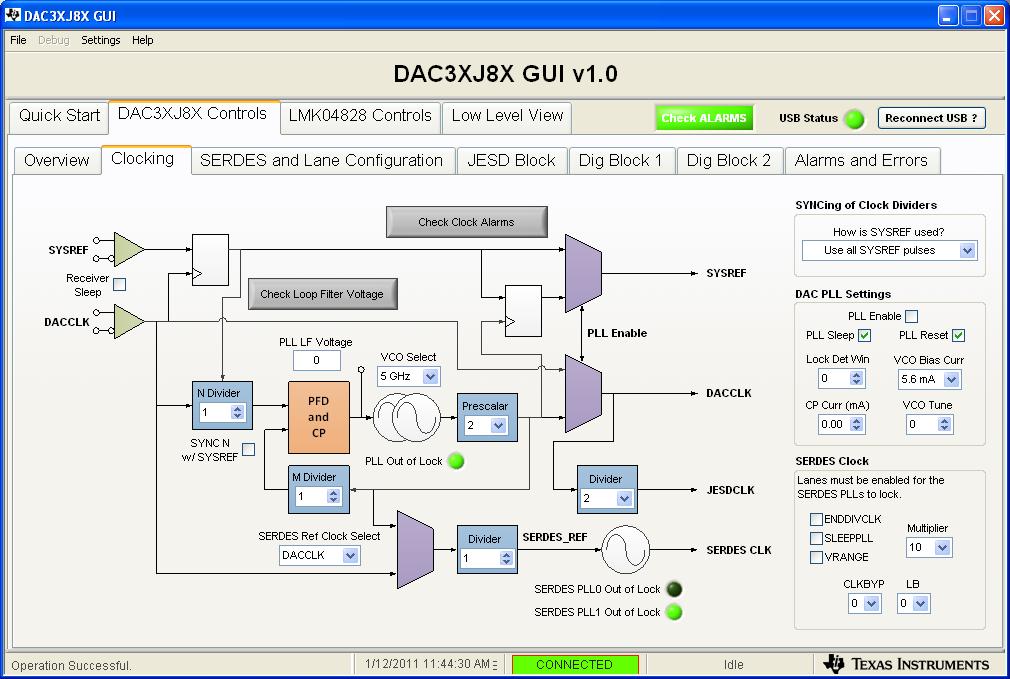 6 DAC3XJ8XEVM Software Setup Figure : DAC3XJ8X Controls Tab - Clocking