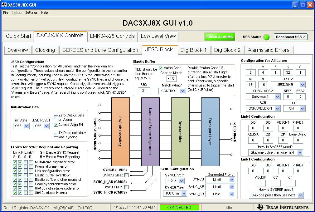 8 DAC3XJ8XEVM Software Setup Figure 6: DAC3XJ8X Controls Tab - JESD Block
