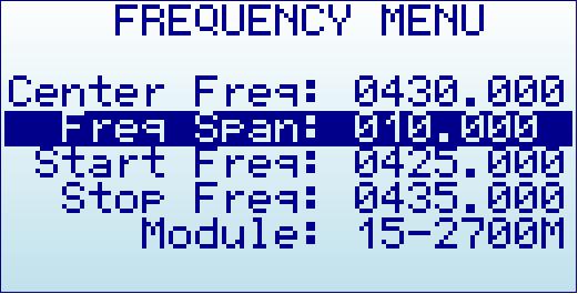 As an example, a center frequency of 430MHz with a 20MHz span: A click on [Menu] button will open the Frequency Menu: Selecting a span of 10MHz, the Start/Stop frequency changes accordingly: A click