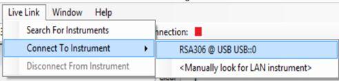 Instructions for the RSA306 1. Double click the SignalVu-PC icon on the PC desktop to start the application. 1 screenicon 2. Click Live Link on the menu bar to view the drop down menu.